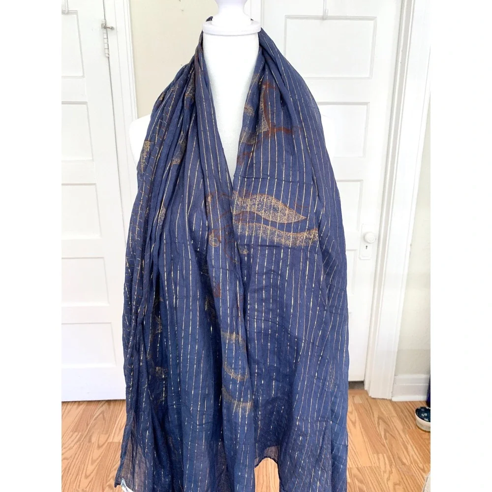 Navy Blue 100% Cotton Scarf Gold Elephant Print 44x68 Sheer Boho Wrap